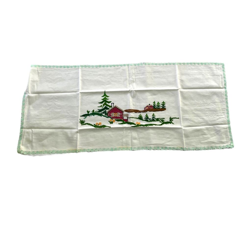 Vintage Handmade Table Runner Embroidered Cabin Rustic Farmhouse Crochet